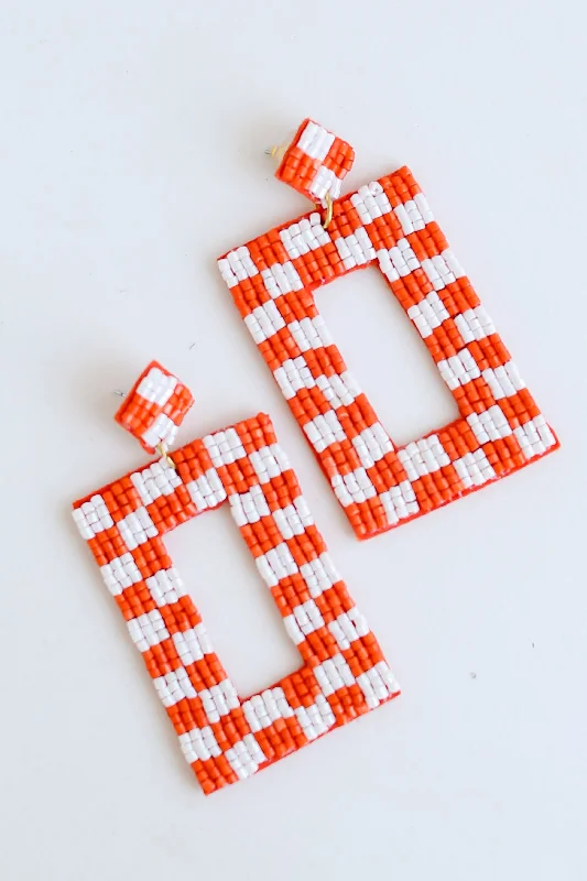 Women’s dainty stud earrings-Orange + White Checkered Beaded Statement Earrings