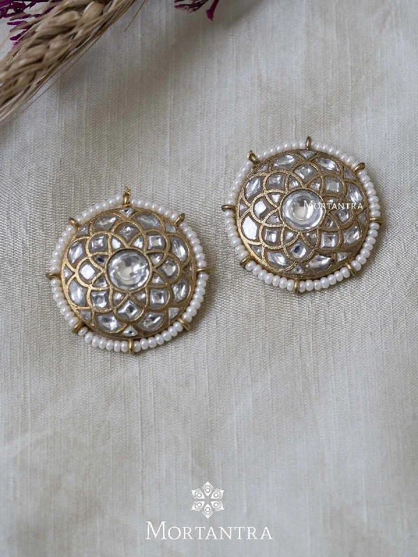 Women’s unique earrings-White Color Gold Plated Thappa Jadau Kundan Earrings - TJ-E14