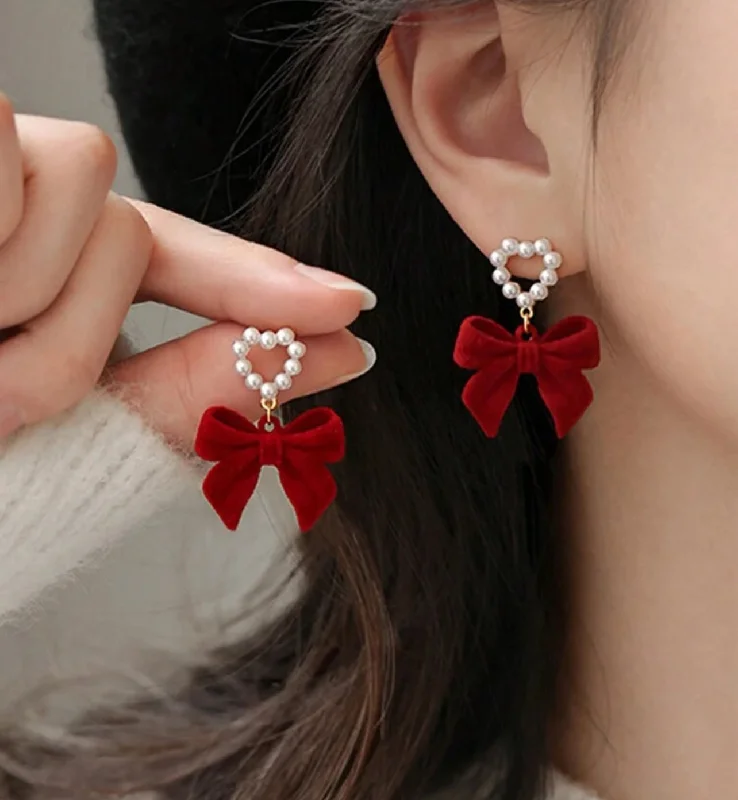 Women’s classy earrings-Beautiful Red Bow and Heart Pearl Earrings