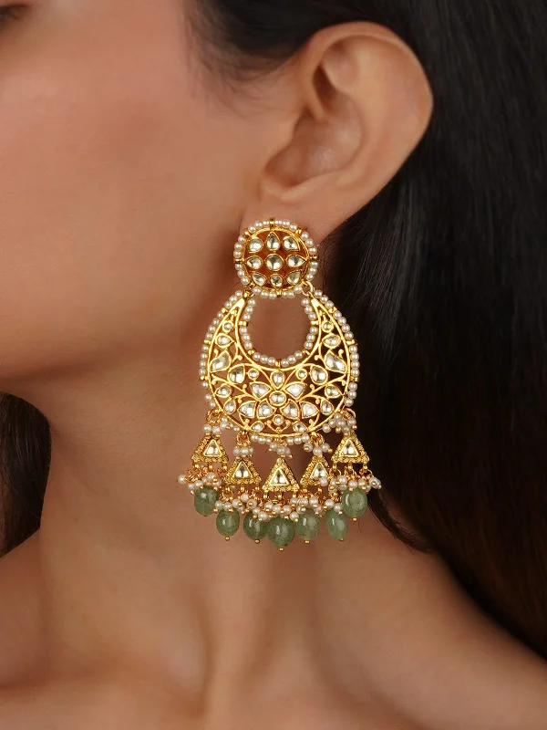 Women’s luxury diamond hoop earrings-Green Color Gold Plated Jadau Kundan Earrings - ME1295Y