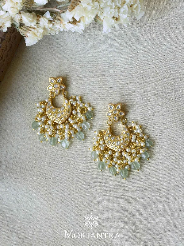 Women’s flower-shaped earrings-Green Color Gold Plated Thappa Jadau Kundan Earrings - TJ-E40W