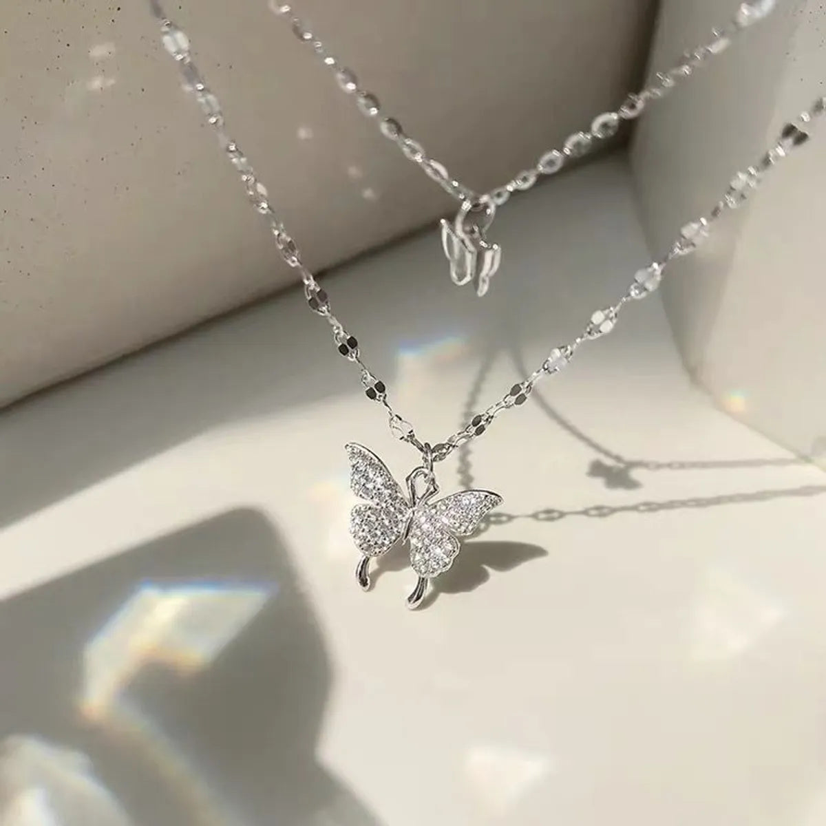 Women’s aquamarine necklaces-Ig Style Sweet Butterfly Sterling Silver Zircon Layered Necklaces In Bulk