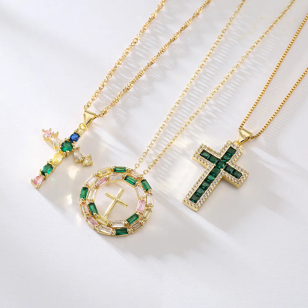 Women’s adjustable chain necklaces-Women'S Fashion Cross Copper Necklace Inlaid Zircon Zircon Copper Necklaces