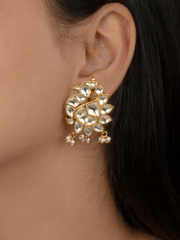 Women’s luxury gold earrings-White Color Gold Plated Jadau Kundan Earrings - ME751Y