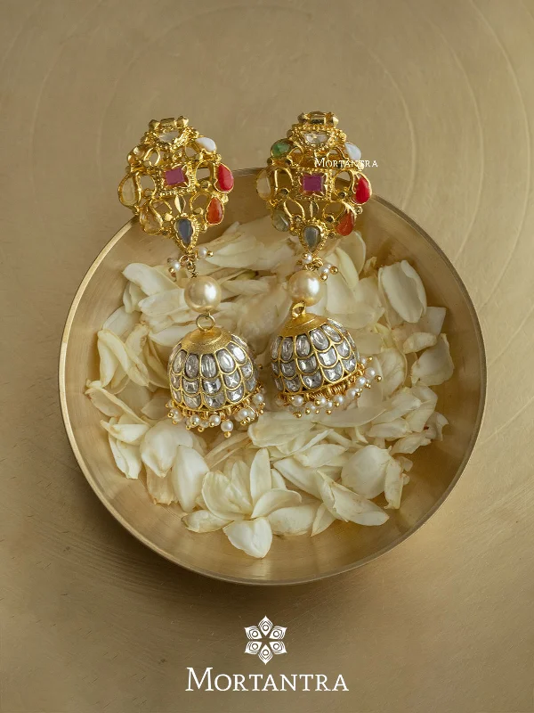 Women’s classic gold earrings-Navratna Gold Plated Mishr Earrings - MR-E89N