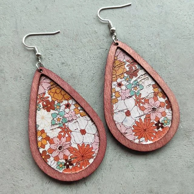 Women’s luxury earrings-Beautiful Floral Wood Drop Earrings