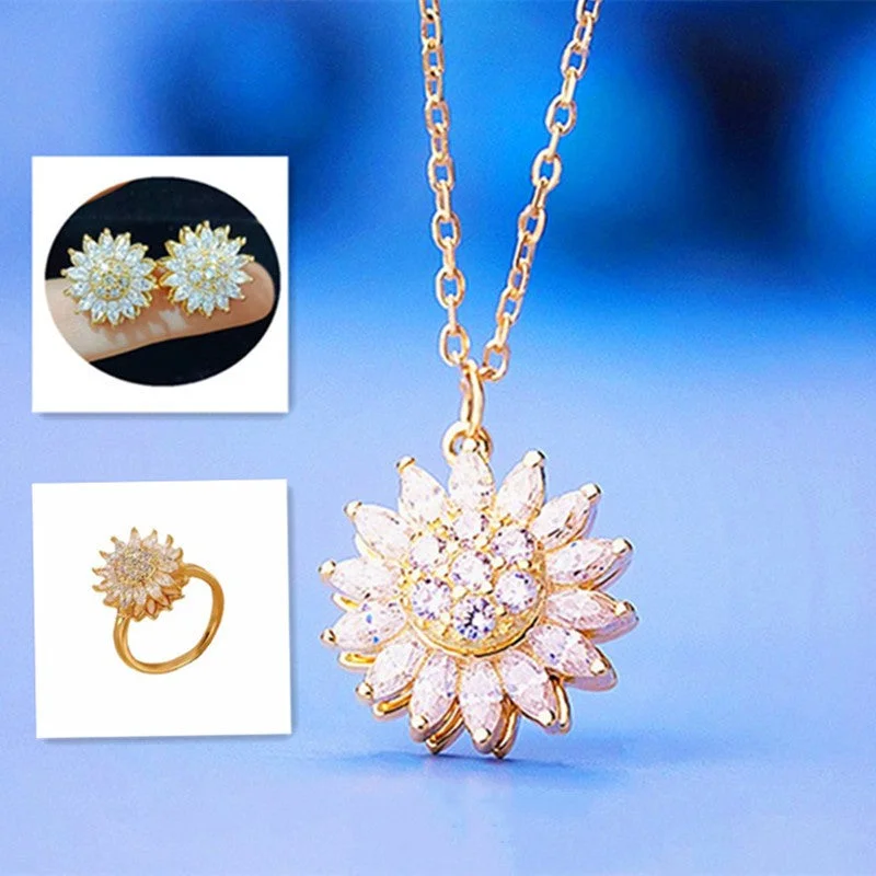 18K Gold SUNFLOWER Rotating Necklace Three-Piece Set