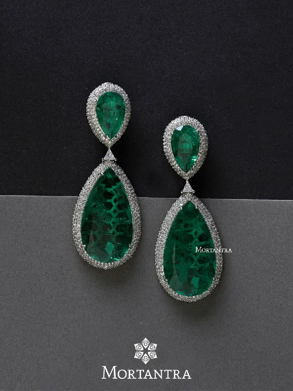 Women’s nature-inspired earrings-Green Color Silver Plated Faux Diamond Earrings - CZEAR457GR