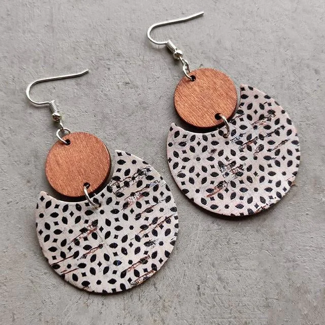 Women’s rose gold earrings-Beautiful Flower Dots Wood and Cork Earrings