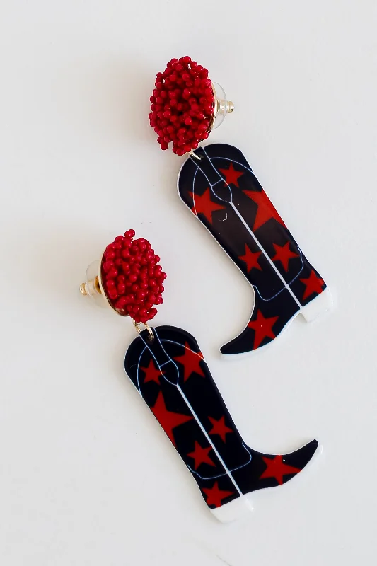 Women’s silver earrings-Red + Navy Cowboy Boot Earrings