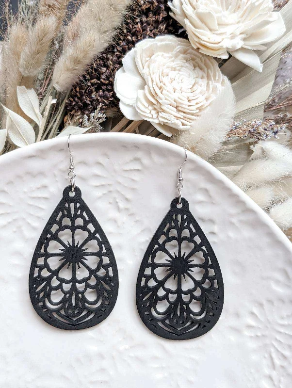 Women’s silver stud earrings-Beautiful Black Laser Cut Wood Floral Earrings