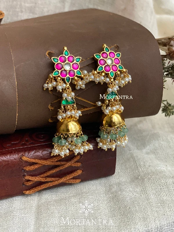 Women’s silver hoop earrings-Multicolor Gold Plated Jadau Kundan Earrings - ME989M