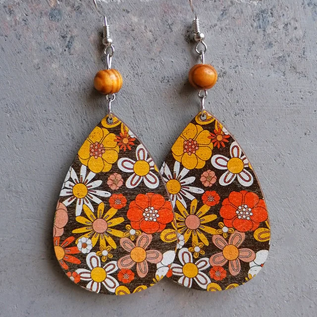 Women’s square earrings-Fun Retro Flower Wood Floral Drop Earrings