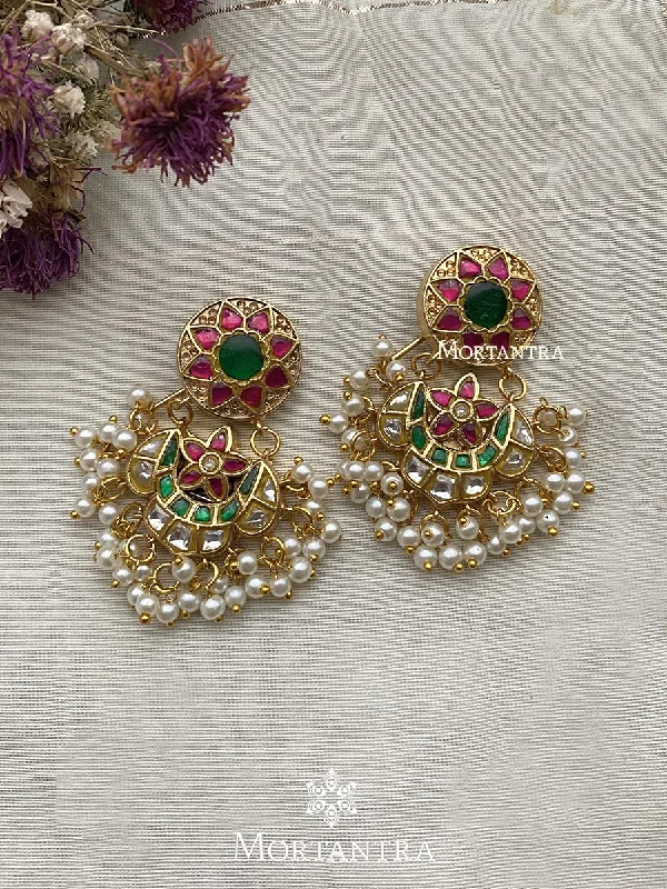 Women’s drop earrings-Multicolor Gold Plated Thappa Jadau Kundan Earrings - TJ-E36M