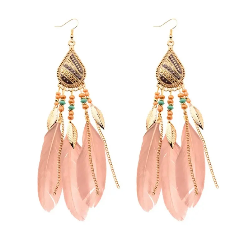 Women’s chunky earrings-Beautiful Bohemian Rose Pink Feather Earrings