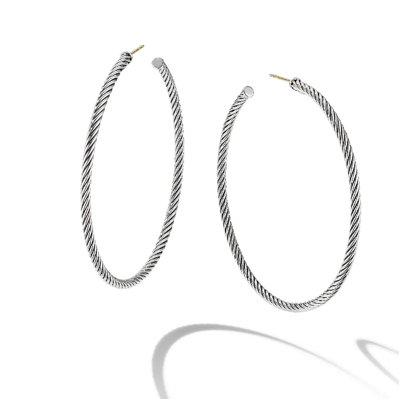 Women’s clip-on earrings-Cable Hoop Earrings in Sterling Silver\, 2.5in