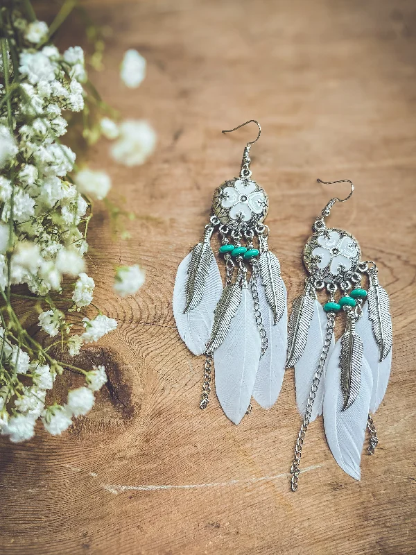 Women’s luxury diamond hoop earrings-Boho White Feather Earrings