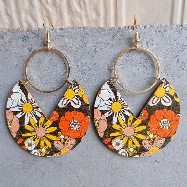 Women’s bridal earrings-Geometric Retro Pattern Circle Wood Earrings