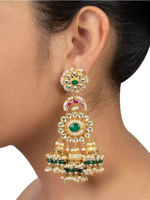 Women’s chandelier earrings-Multicolor Gold Plated Jadau Kundan Earrings - ME476M