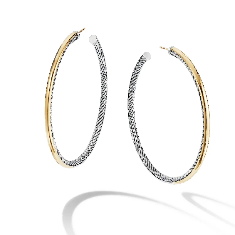 Women’s modern earrings-Sculpted Cable Hoop Earrings in Sterling Silver with 18K Yellow Gold