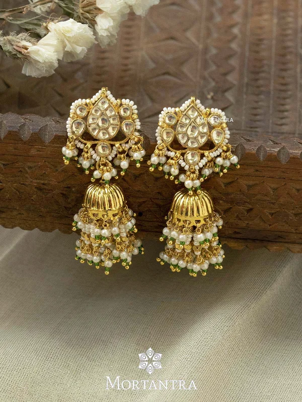 Women’s diamond hoop earrings-White Color Gold Plated Jadau Kundan Earrings - ME1009Y