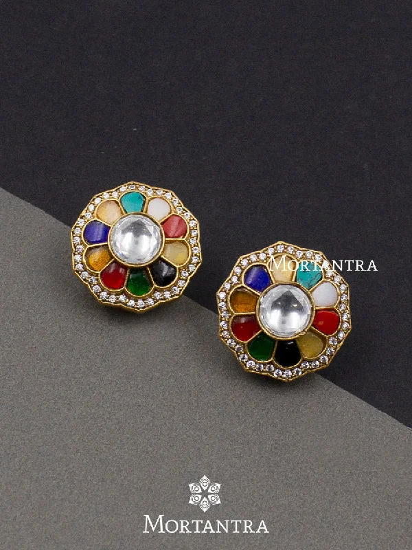 Women’s birthstone earrings-Navratna Gold Plated Faux Diamond Earrings - CZEAR421N