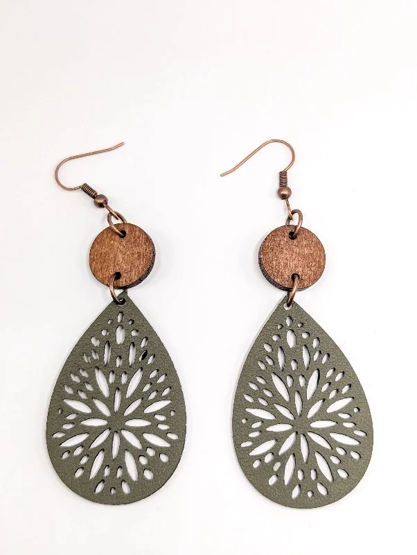 Women’s designer earrings-Beautiful Green Leather and Wood Earrings