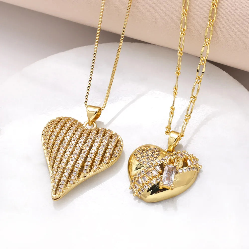 Women’s zodiac necklaces-201 Stainless Steel Copper 18K Gold Plated Inlay Heart Shape Zircon Pendant Necklace