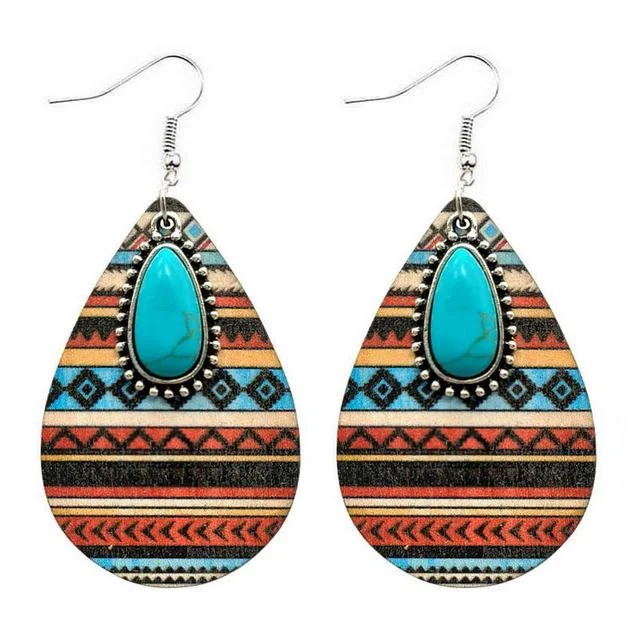 Women’s dangling diamond earrings-Aztec Pattern Wood and Turquoise Drop Earrings