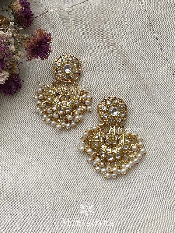 Women’s heart-shaped earrings-White Color Gold Plated Thappa Jadau Kundan Earrings - TJ-E36