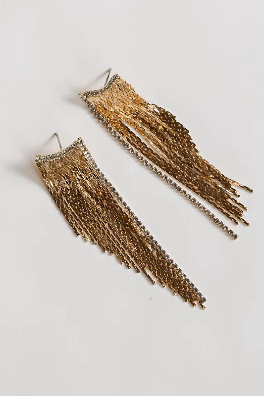 Women’s hoop earrings-FINAL SALE - Riley Gold Rhinestone Fringe Earrings