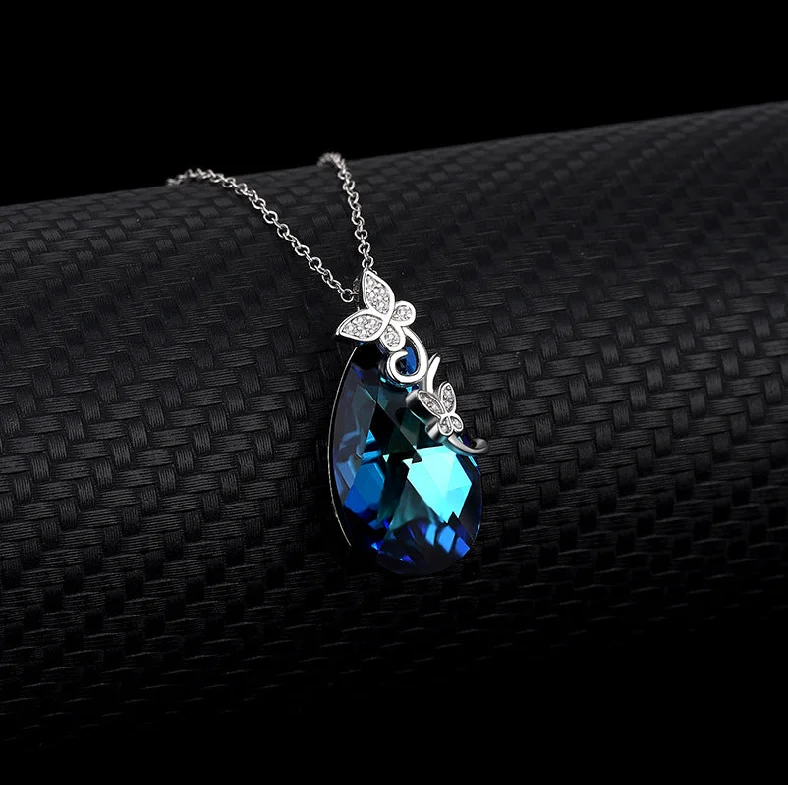 Women’s statement necklaces-Fashion Butterfly Austrian Crystal Sterling Silver Water Drop Pendant Necklace