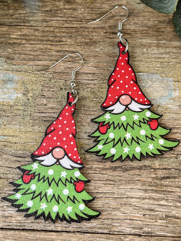 Women’s glamorous earrings-Adorable Gnome Christmas Tree Wooden Drop Earrings