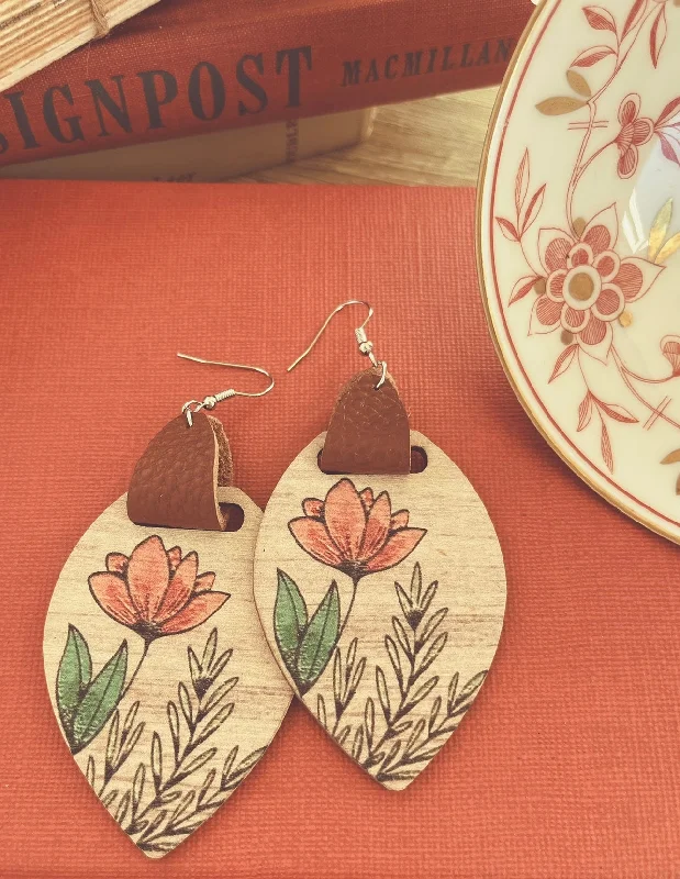 Women’s statement earrings-Beautiful Wood and Leather with Painted Peach Flower Drop Earrings