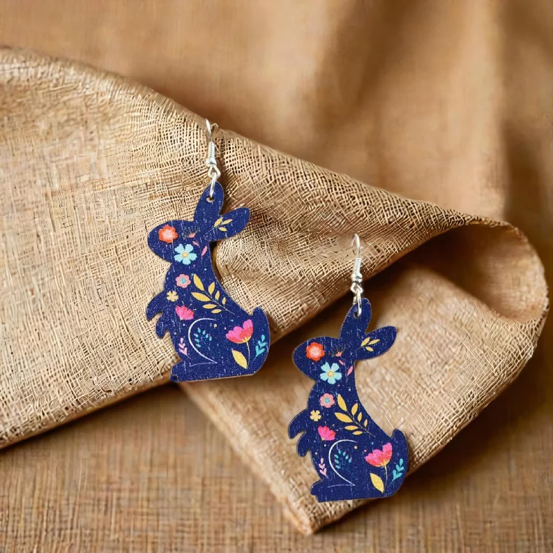 Women’s vintage pearl earrings-Beautiful Blue Bunny Wood Earrings