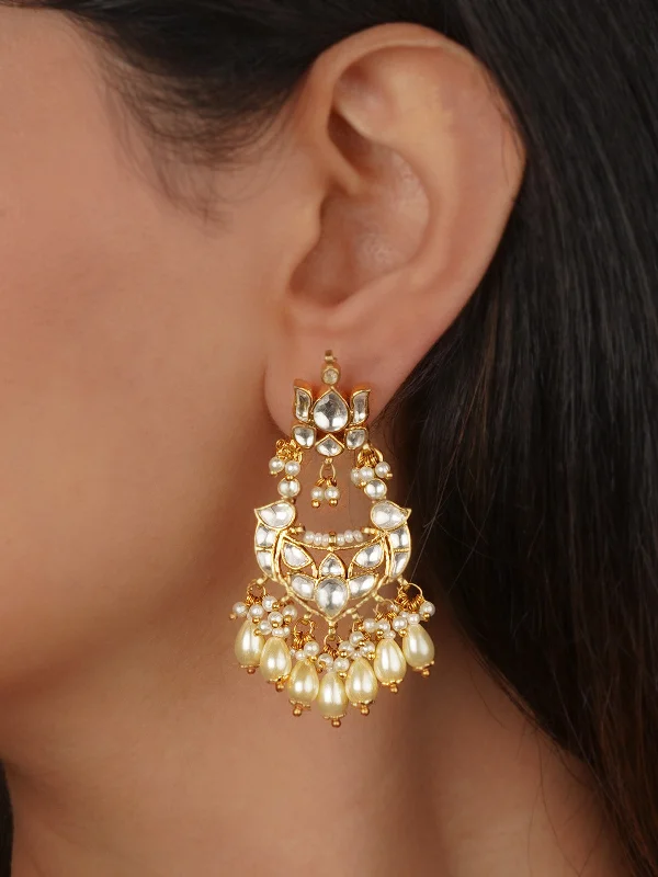 Women’s large hoop earrings-White Color Gold Plated Jadau Kundan Earrings - ME1307