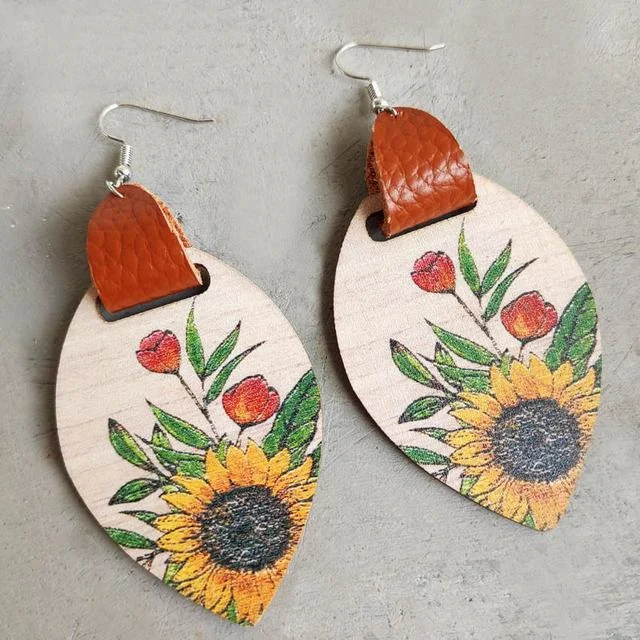 Women’s nature-inspired earrings-Beautiful Wood and Leather Sunflower Earrings