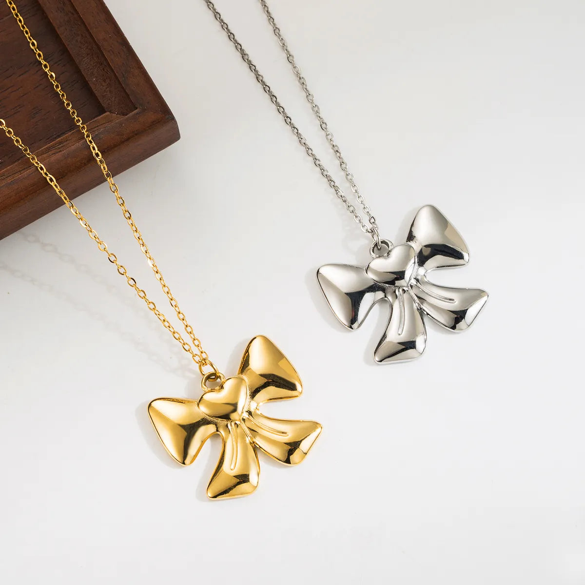 Women’s statement pendant necklaces-French Style Sweet Bow Knot Stainless Steel Plating 18k Gold Plated Pendant Necklace