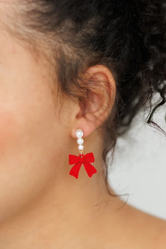 Women’s rhinestone earrings-Beautiful Red Bow and Pearl Earrings