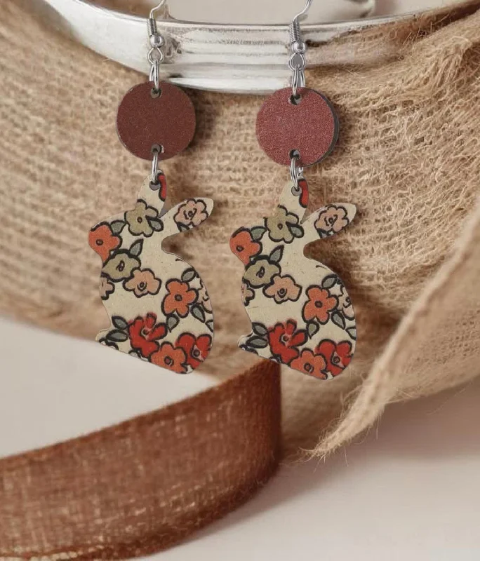 Women’s gold dangle earrings-Beautiful Bunny Floral Wood Earrings