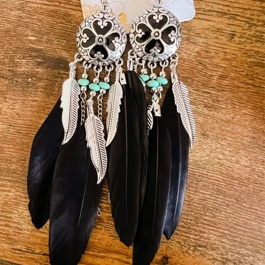 Women’s rose gold hoop earrings-Boho Black Feather Earrings