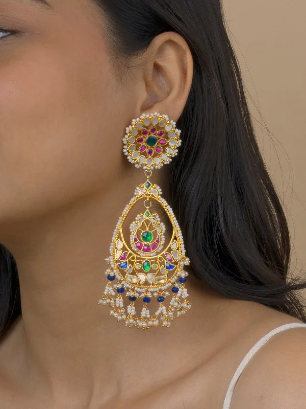 Women’s black diamond earrings-Multicolor Gold Plated Jadau Kundan Earrings - ME974M