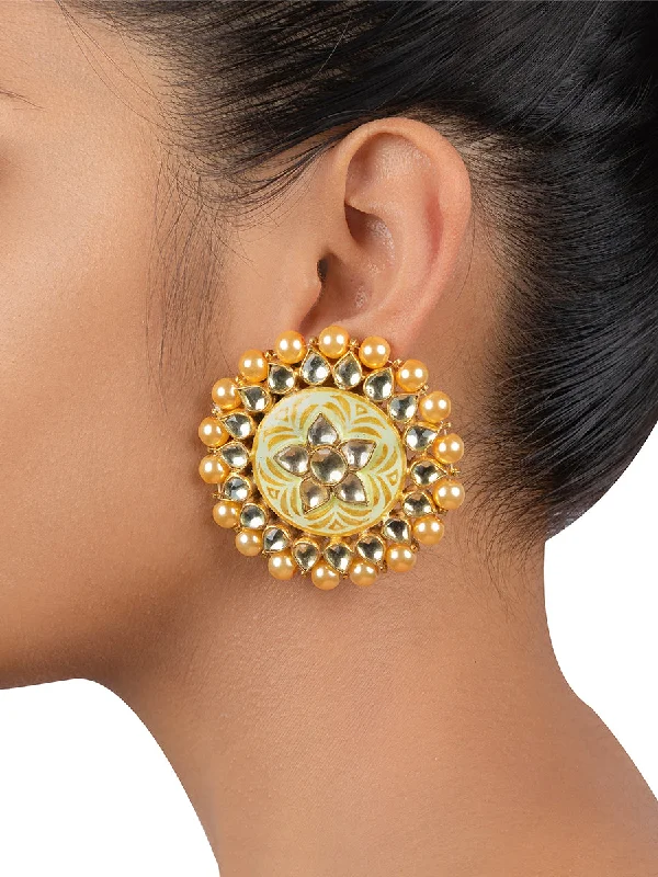 Women’s pearl drop earrings-Yellow Color Gold Plated Jadau Kundan Earrings - ME482W