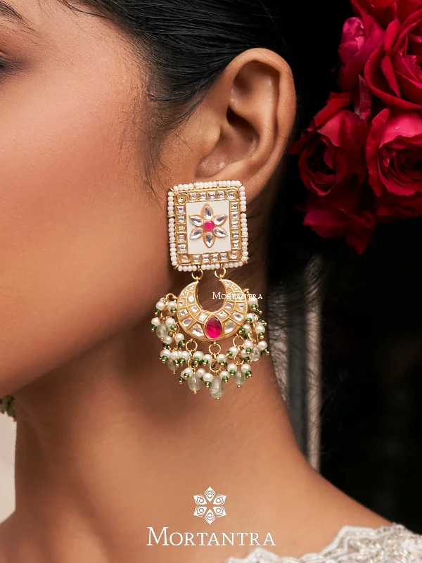 Women’s long earrings-Pink Color Gold Plated Thappa Jadau Kundan Earrings - TJ-E26WP