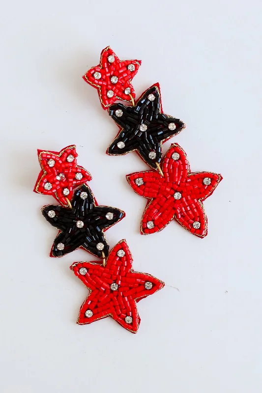 Women’s modern hoop earrings-Red + Black Beaded Star Drop Earrings