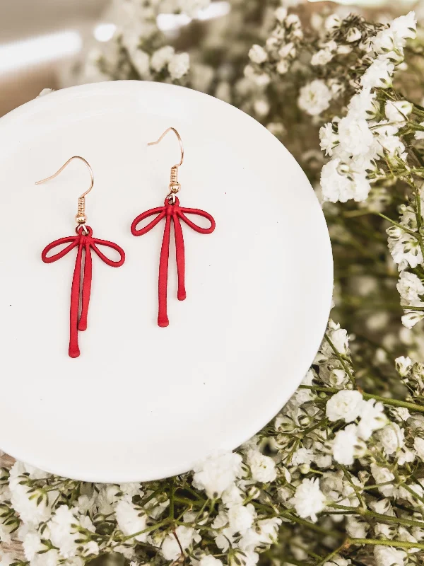 Women’s diamond hoop earrings-Adorable Red Bow Earrings