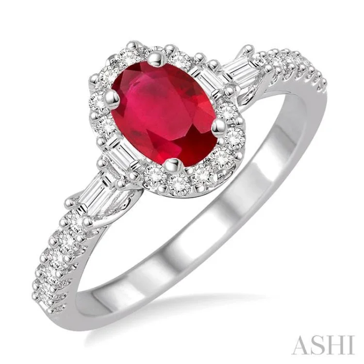 Women’s halo engagement rings with diamonds-6x4 MM Oval Shape Ruby and 3/8 Ctw Diamond Ring in 14K White Gold