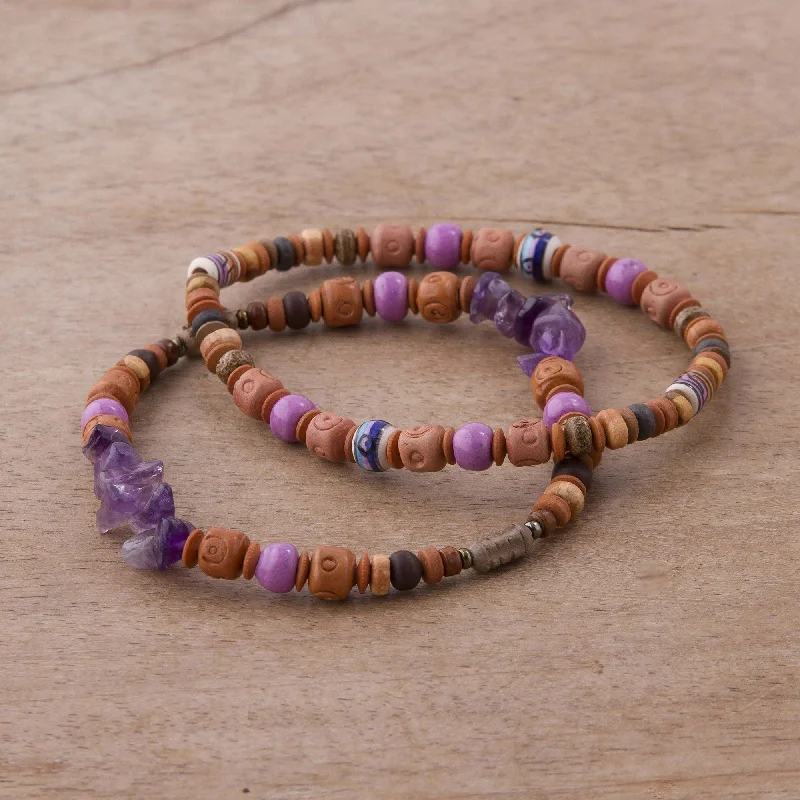 Women’s adjustable charm bracelets-Andean Joy Two Amethyst and Ceramic Beaded Stretch Bracelets from Peru