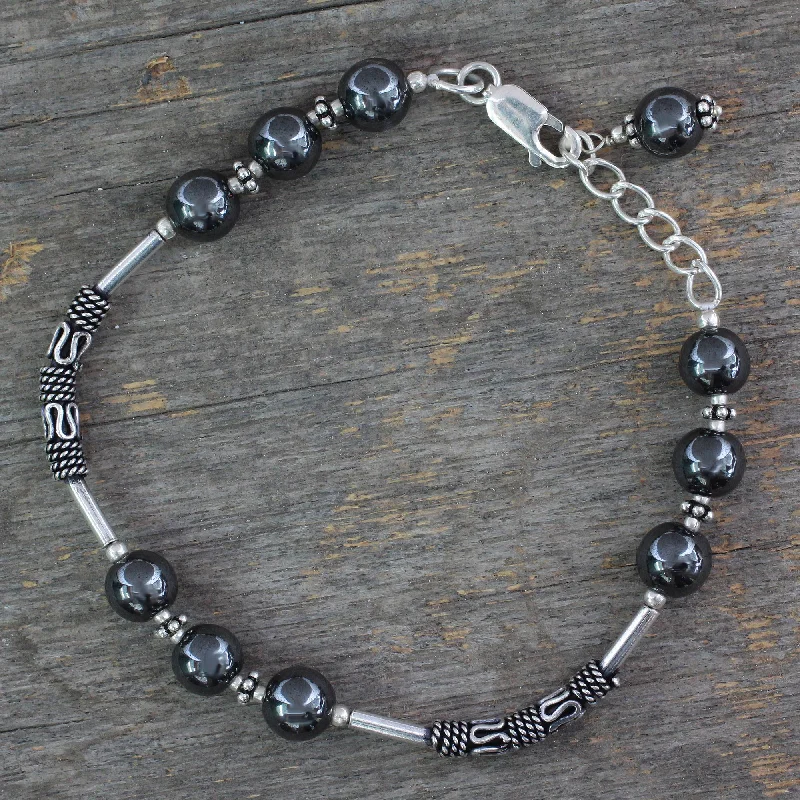 Women’s wedding bracelets-India Mystique Artisan Crafted Sterling Silver Beaded Hematite Bracelet