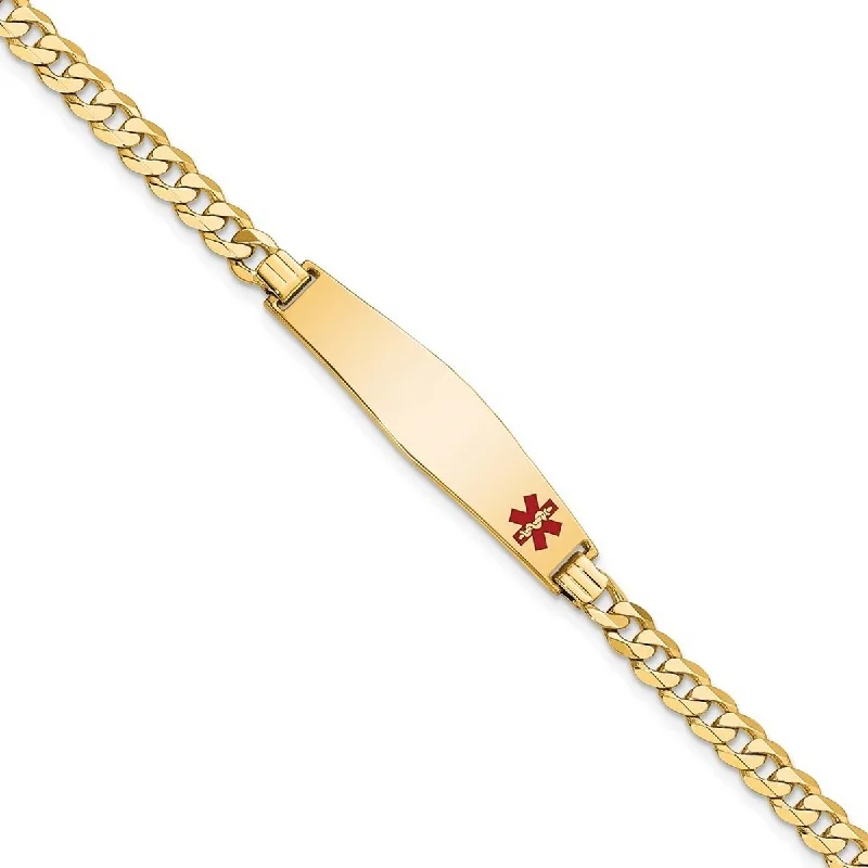 Women’s gold bangles-Curata 14k Yellow Gold 8.5mm Engravable Medical Red Enamel Flat Curb Link ID Bracelet